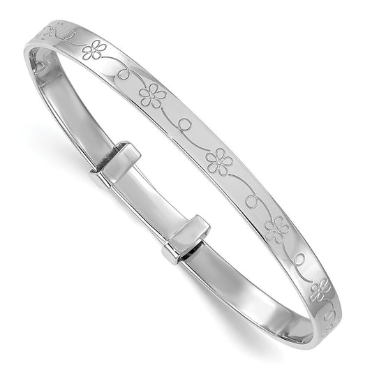 Sterling Silver Rhodium-plated Polished Etched Floral Pattern Childrens Expandable Bangle QB1645