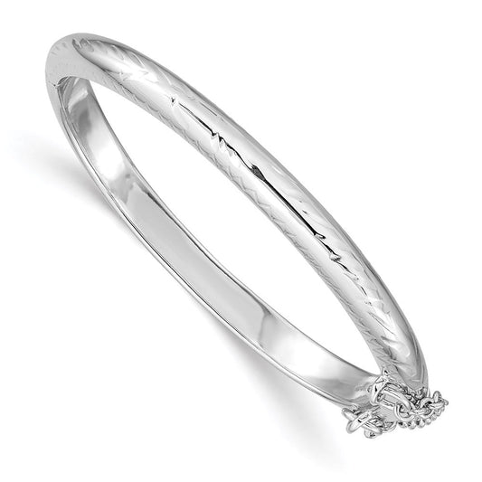 Sterling Silver Rhodium-plated Polished & Diamond-cut 4mm with Safety Clasp Hinged Children's Bangle QB785