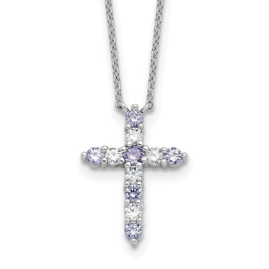 SS RH-plated Lt Purple CZ June Birthstone Cross w/2in ext Necklace QBPD36JUN