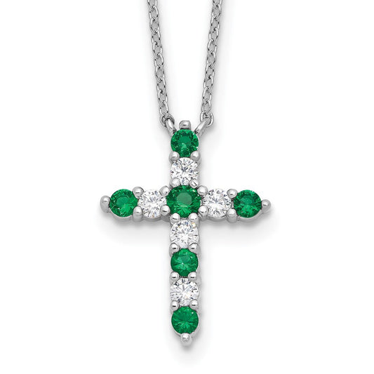 SS RH-plated Green CZ May Birthstone Cross w/2in ext Necklace QBPD36MAY