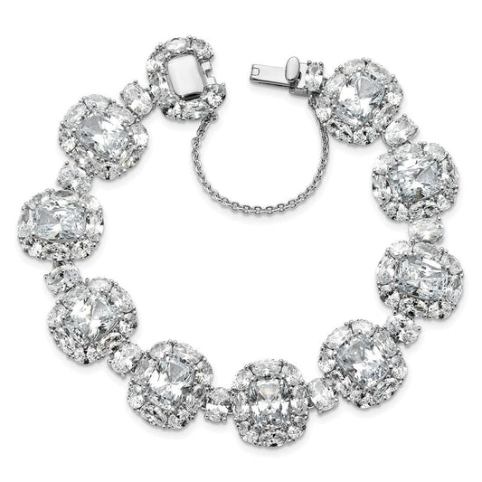 Cheryl M Sterling Silver Rhodium-plated Polished Fancy Cushion-cut CZ Halo Cluster with Safety Chain Bracelet QCM1714-7