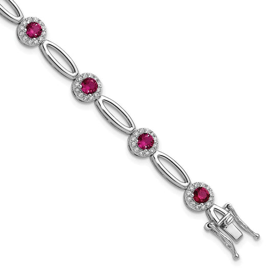 Cheryl M Sterling Silver Rhodium-plated Polished Fancy Lab Created Ruby and CZ Halo Bracelet QCM1806-7.5
