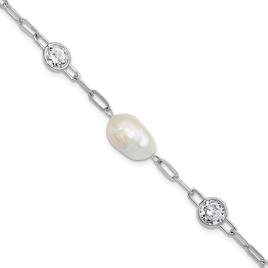 Cheryl M Sterling Silver Rhodium-plated Polished Freshwater Cultured Pearl and CZ Link with .75 Inch Extension Bracelet QCM1834-7