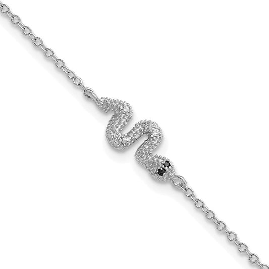 Cheryl M Sterling Silver Rhodium-plated Polished Black and White CZ Snake 7 Inch with 1 Inch Extension Bracelet QCM1853-7