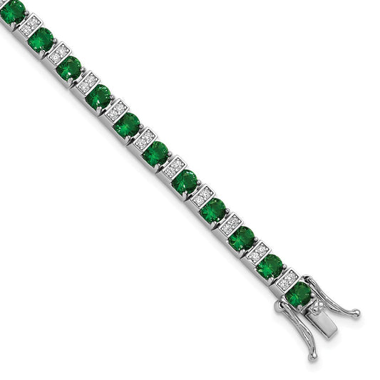 Cheryl M Sterling Silver Rhodium-plated Polished Green Glass and CZ 7.25 Inch Bracelet QCM1959-7.25