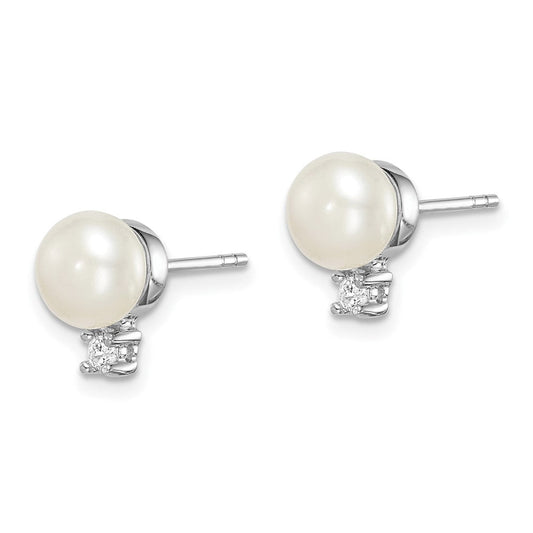 QE15258 Sterling Silver Rhodium-plated 6-7mm White Button Freshwater Cultured Pearl and CZ Post Earrings
