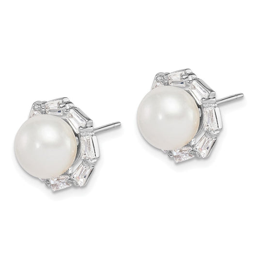 QE15267 Sterling Silver Rhodium-plated 8-9mm White Button Freshwater Cultured Pearl and CZ Post Earrings