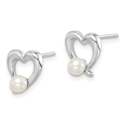 QE15308 Sterling Silver Rhodium-plated 3-4mm White Round Freshwater Cultured Pearl Heart Post Earrings