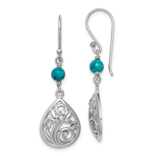 QE15347 Sterling Silver Rhodium-plated Polished Filigree CZ & Reconstituted Turquoise Teardrop Dangle Earrings