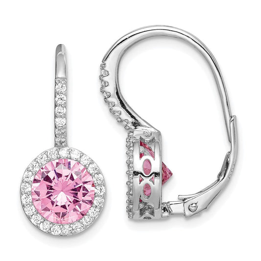 QE15392 Sterling Silver RH-plated Polished Pink & White CZ Halo Leverback Earrings