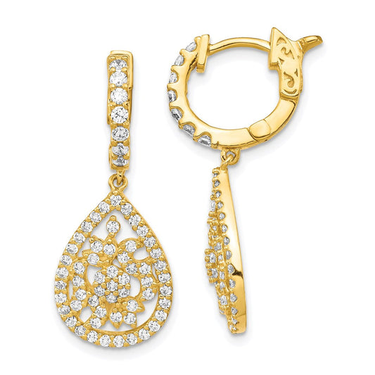 QE15458 Sterling Shimmer Sterling Silver Gold-tone Flash Gold-plated 126 Stone CZ Teardrop Dangle Hinged Hoop Earrings