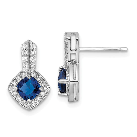 QE15745 Sterling Silver Rhodium-plated CZ and Blue Glass Post Earrings