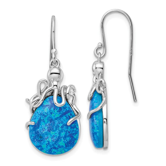 QE15799 Sterling Silver Rhodium-plated Blue Lab Created Opal Octopus Dangle Earrings