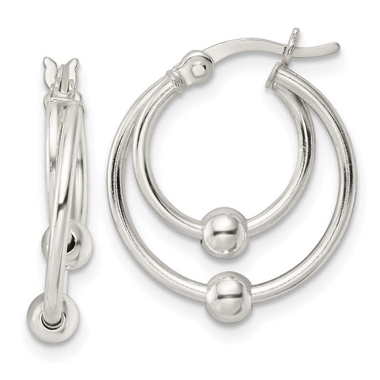 QE15900 Sterling Silver Polished Double Circle Beaded Hoop Earrings