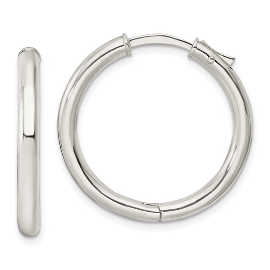 QE15945 Sterling Silver Polished 3x28mm Hinged Tube Hoop Earrings