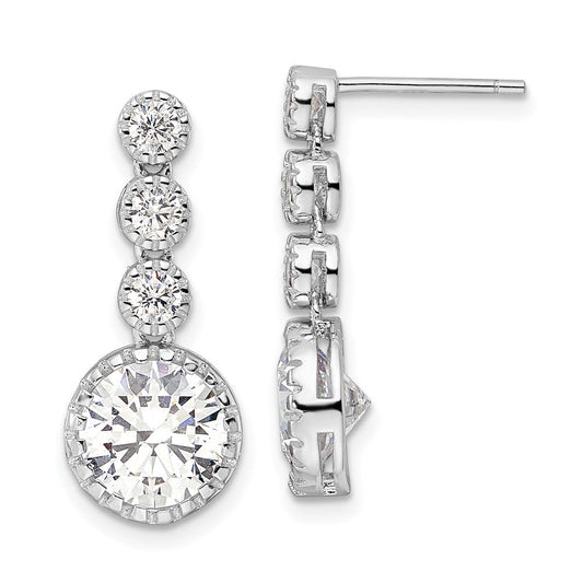 QE16240 Sterling Silver Rhodium-plated Polished Round CZ Post Dangle Earrings