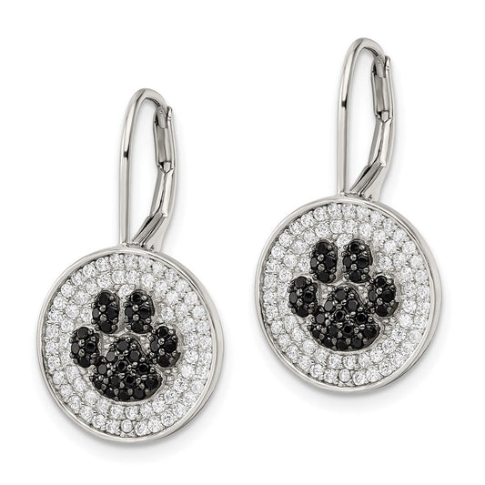QE16501 Sterling Silver Rhodium-plated Polished CZ Paw Print Leverback Earrings