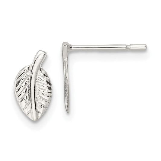 QE16536 Sterling Silver Polished Tiny Leaf Post Earrings
