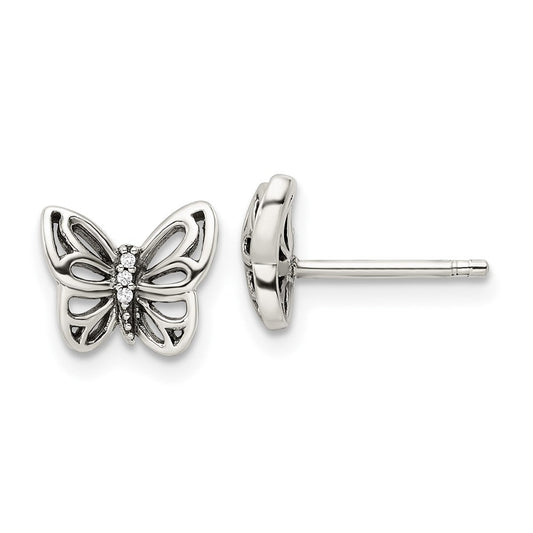 QE16560 Sterling Silver Antiqued CZ Butterfly Post Earrings