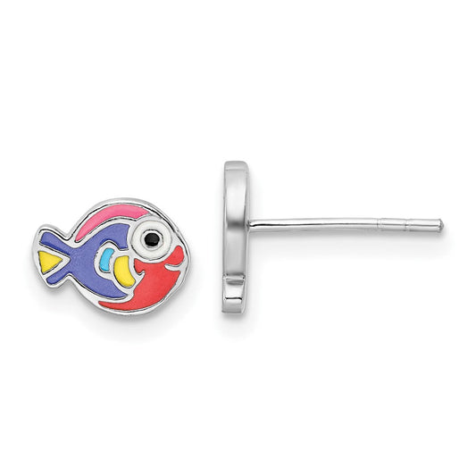 QE16630 Sterling Silver Rhodium-plated Polished Multi-color Enameled Fish Children's Post Earrings