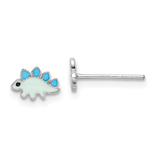 QE16636 Sterling Silver Rhodium-plated Polished & Blue/Black Enameled Dinosaur Children's Post Earrings