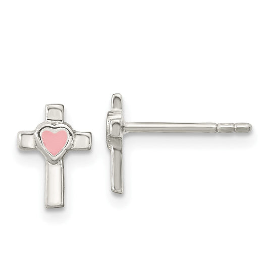 QE16639 Sterling Silver Rhodium-plated Cross Pink Enamel Heart Post Earrings