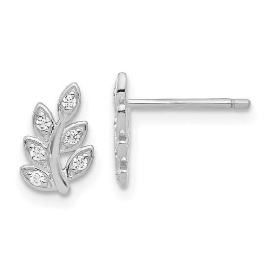 QE17644 Sterling Silver Rhodium-plated CZ Leaf Post Earrings