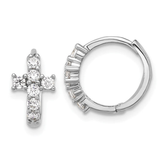 QE17683 Sterling Silver RH-plated Polished CZ Cross Hinged Round Hoop Earrings