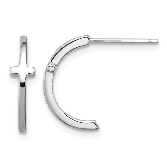 QE17690 Sterling Silver Rhodium-plated Polished Cross Post J-Hoop Earrings