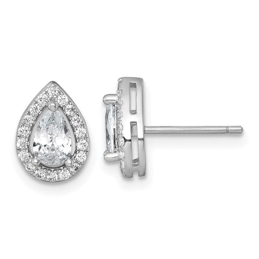 QE17808 Sterling Silver Rhodium-plated Polished 10.0 x 7.0mm Pear CZ Halo Teardrop Post Earrings