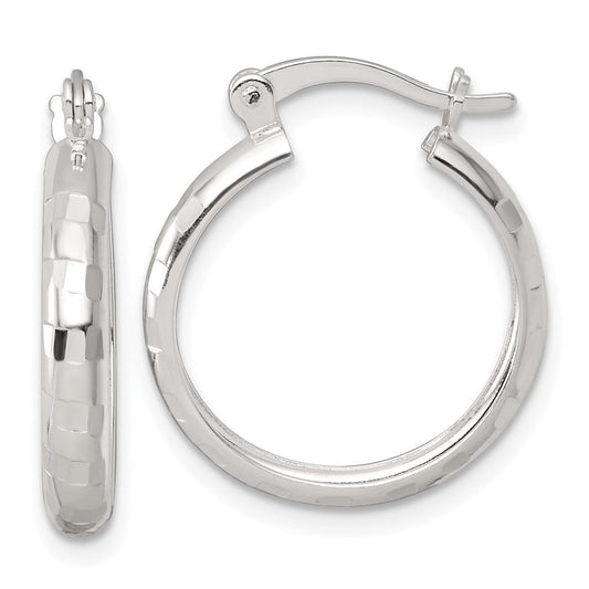QE17827 Sterling Silver Polished Diamond-cut 20x3mm Round Hoop Earrings