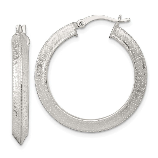 QE17861 Sterling Silver Textured 30x4.0mm Knife Edge Greek Key Round Hoop Earrings