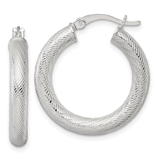 QE17883 Sterling Silver Polished and Textured 25x4.0mm Round Hoop Earrings