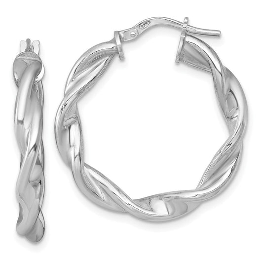 QE17889 Sterling Silver Rhodium-plated Polished Twisted 4.00 x 28mm Round Hoop Earrings