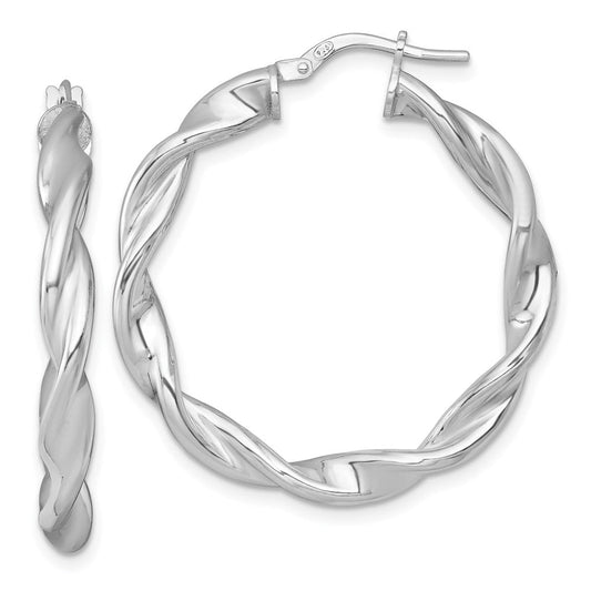 QE17890 Sterling Silver Rhodium-plated Polished Twisted 4.00 x 33mm Round Hoop Earrings