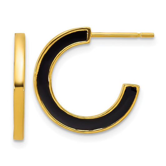 QE17979 Sterling Silver Gold-tone Polished Black Enamel 18x2mm Post C-Hoop Earrings