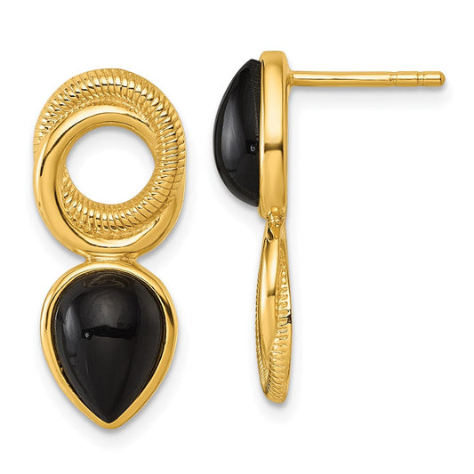 QE18049GP Sterling Silver Gold-tone Polished Black Agate Teardrop and Circle Mis-Matched Post Earrings