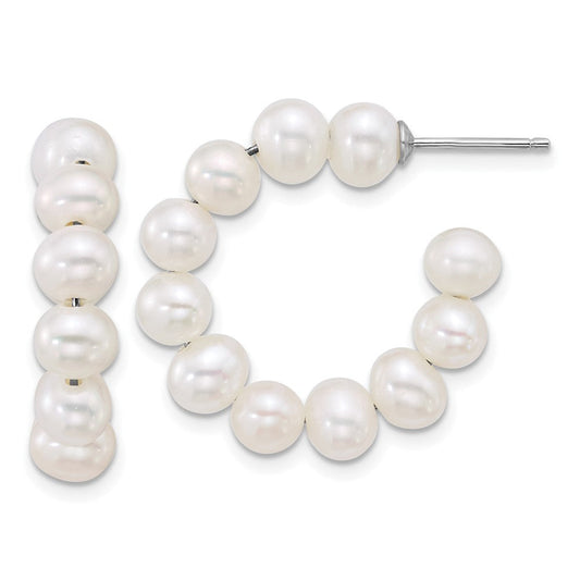 QE18178 Sterling Silver Rhodium-plated 5-6mm Semi-Round White Freshwater Cultured Pearl C-Hoop Post Earrings