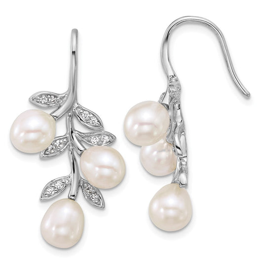QE18184 Sterling Silver Rhodium-plated 6-8mm Rice White Freshwater Cultured Pearland CZ Leaf Dangle Shepherd Hook Earrings