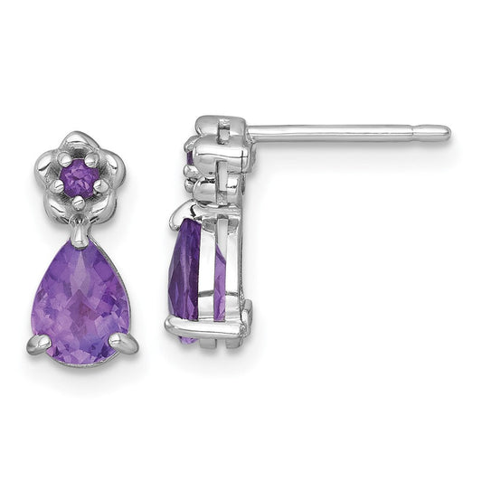 QE18331AM Sterling Silver Rhodium-plated Polished Amethyst Teardrop and Flower Post Earrings