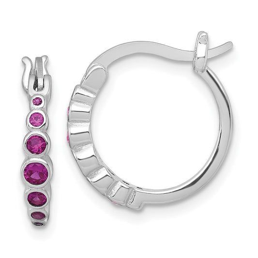 QE18335CRU Sterling Silver Rhodium-plated Graduated Red Lab Created Ruby Hoop Earrings