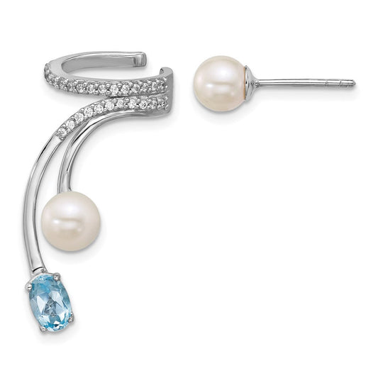 QE18336BT Sterling Silver Rhodium-plated CZ, White Freshwater Cultured Pearl and .58ct Oval Blue Topaz Post and Cuff Asymmetric Earrings