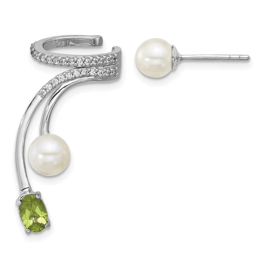 QE18336PE Sterling Silver Rhodium-plated CZ, White Freshwater Cultured Pearl and .49ct Oval Peridot Post and Cuff Asymmetric Earrings