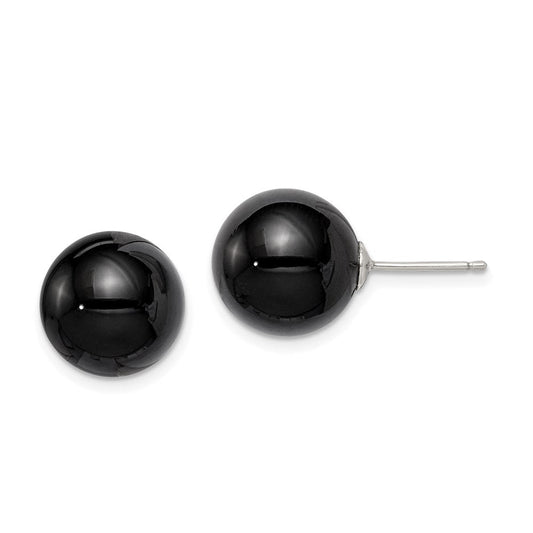 QE6338 Sterling Silver Rhod-pltd 12-12.5mm Black Agate Ball Post Earrings