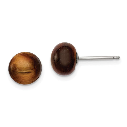 QE6432 Sterling Silver Rhod-pltd 8-8.5mm Tiger's Eye Button Post Earrings