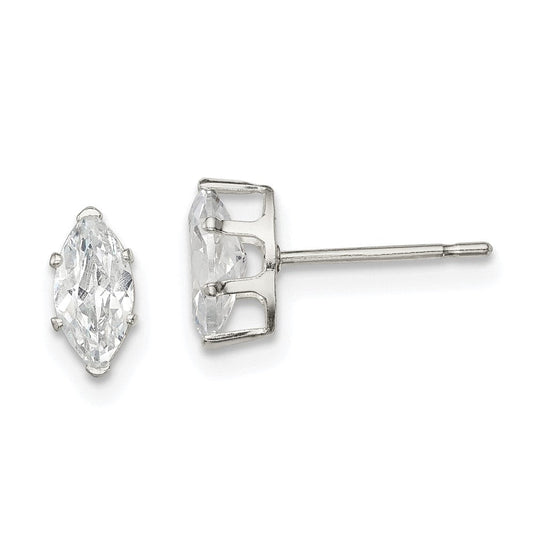 QE7553 Sterling Silver Polished 7x3.5mm Marquise Snap Set CZ Stud Earrings