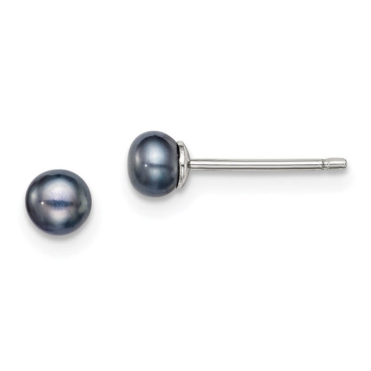QE7668 Sterling Silver Rhodium-plated 4-5mm Black Button Freshwater Cultured Pearl Post Earrings