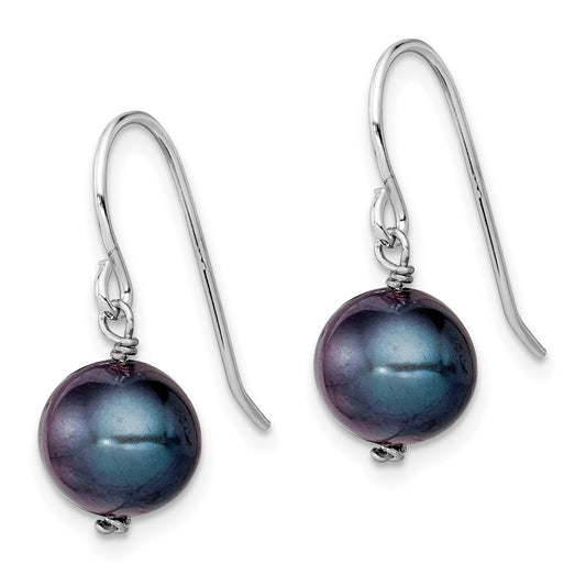 QE7700 Sterling Silver Rhodium-plated Black 7.5-8.5mm Black Semi-Round Freshwater Cultured Pearl Dangle Earrings