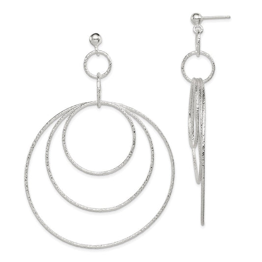 QE8888 Sterling Silver Polished & Textured Large Circles Post Dangle Earrings