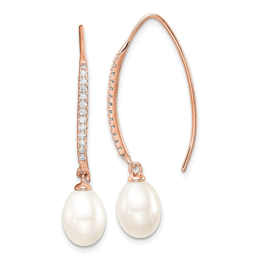 QER15366 Sterling Silver Rose-tone 7-8mm White Teardrop Freshwater Cultured Pearl and CZ Threader Earrings